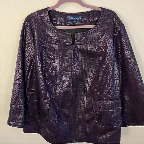Susan Graver Style jacket size 1X faux reptile purple zip front fully lined - Picture 1 of 7